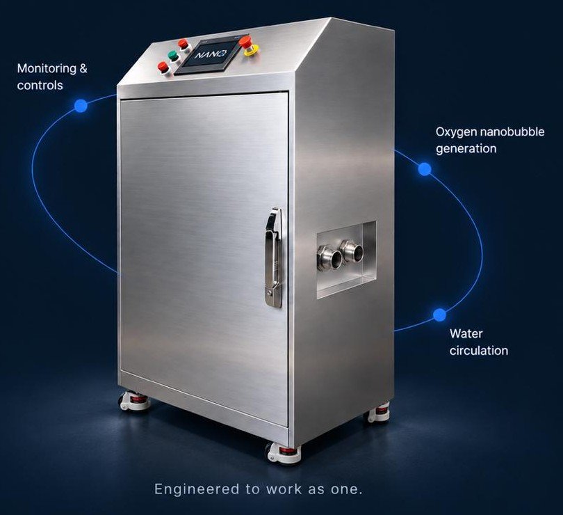 The NANO system cabinet in brushed stainless steel, with callouts for monitoring and controls, oxygen nanobubble generation, and water circulation. Engineered to work as one.